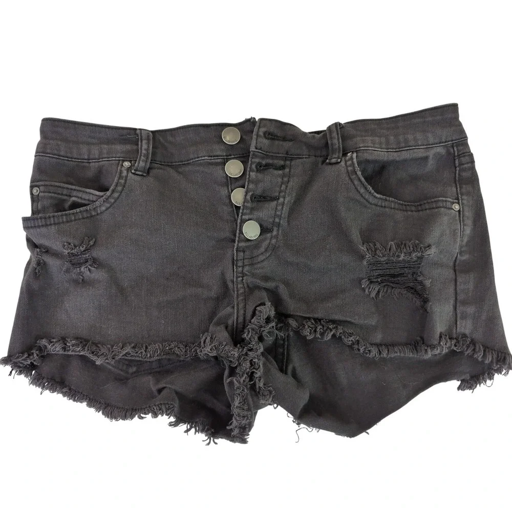 Billabong Button Fly Jean Shorts Women 28 Black Distressed Beach Festival Grunge